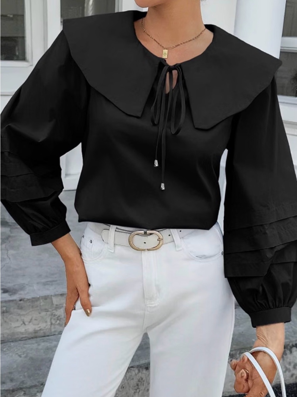 Cicy Bell Womens Peter Pan Collar Long Sleeve Cotton Top Black MEDIUM - NWT
